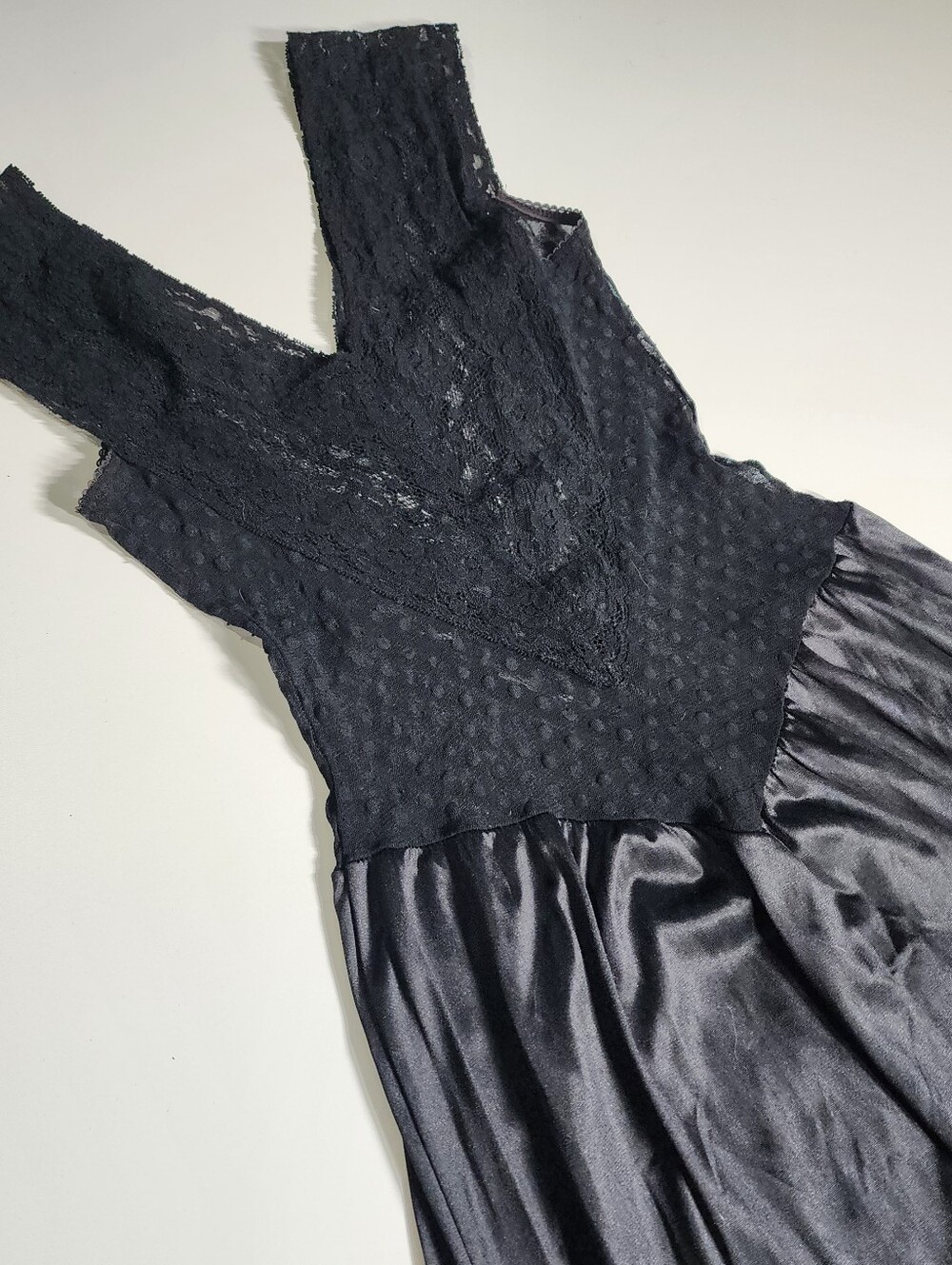 Vintage Romantic Goth Black Sheer Lace Maxi Slip Dress Nylon USA Union Made Med
